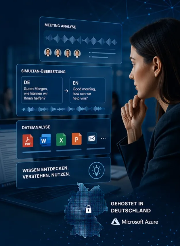 Illustration: vernetztes KI-gestütztes Wissensmanagement – Personen, Dokumente und Datenflüsse rund um eine zentrale Wissensplattform.